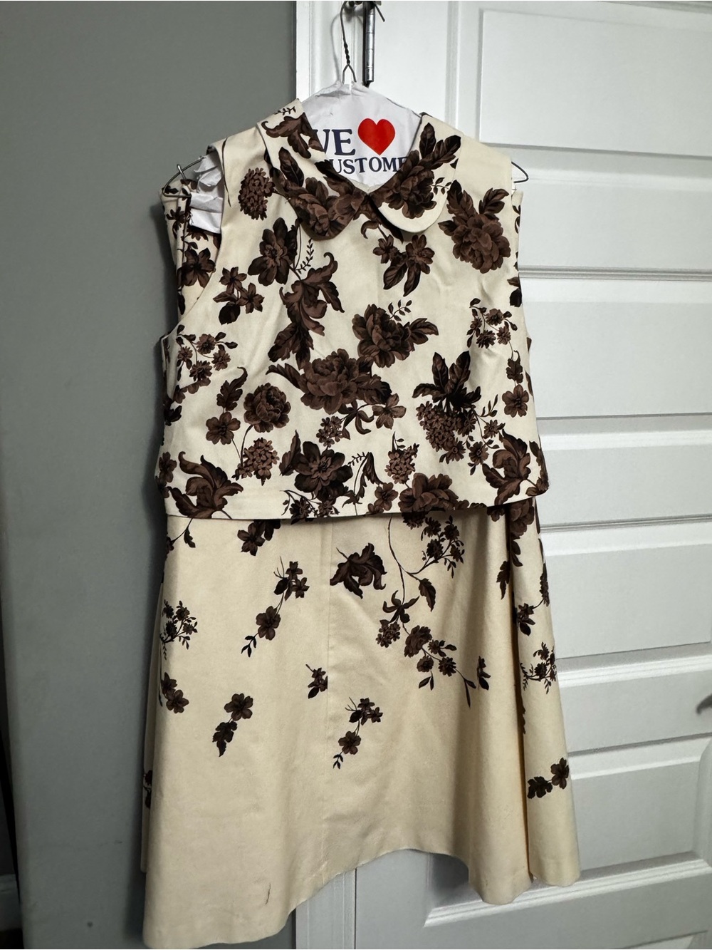 ANTONIO MELANI Cream and Brown Floral Two-Piece Dress with Peter Pan Collar